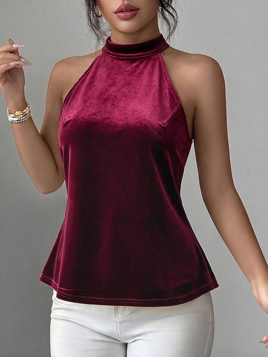 Elenzga Sleeveless Halter Velvet Top, Back Lace Panel Elegant Party Blouse For Women - Burgundy - View 1