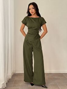 SHEIN PETITE 女款橄欖綠圓領不對稱下擺襯衫與寬腿褲套裝 教師節 辦公室工作 商務 夏季休閒 商務專業 - 軍綠色 - 查看 5