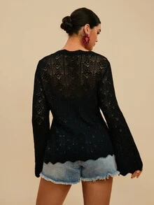 Freevana 女款抽繩開襟衫，鏤空百搭設計，喇叭長袖袖口，花卉圖案，V領下擺，秋季度假黑色波希米亞優雅風 - 黑色 - 查看 4
