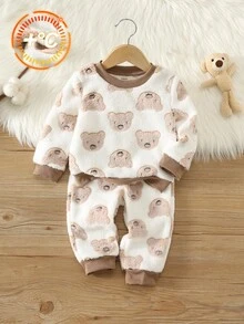 SHEIN 中性嬰兒男/女童 幼兒 2件組 秋冬保暖內裡加厚可愛熊圖案絨毛家居服套裝 睡衣套裝 嬰兒冬季睡衣聖誕款 - 卡其色 - 查看 3