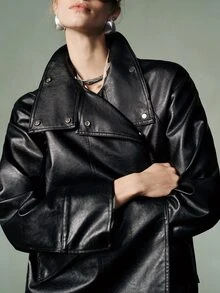 Aveloria Modichic Autumn/Winter Textured Faux Leather PU Black Solid Color Metal Button Stand Collar Turn-Down Multi-Wear Oversized Minimalism Retro Jacket Night Out - Black - View 6