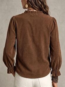 EMERY ROSE Women's Solid Color Frill Trim V-Neck Long Sleeve Casual Blouse - Coffee Brown - View 2