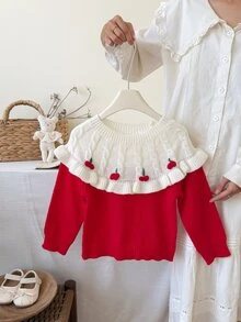 SHEIN Vintaside Kids 女童開學季秋冬紅色甜美毛衣，絲綢蕾絲下擺，優雅公主娃娃風，柔軟紗線，萬聖節、新年、聖誕節適用 - 彩色 - 查看 1