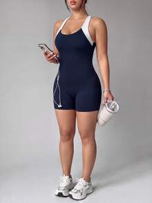 SHEIN Velisys Women's Plus-Size Summer Stretchy Color-Block Crew Neck Criss-Cross Back Sports Bodysuit - Blue - View 3