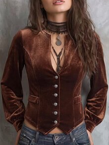 Solivie Women's Elegant Velvet Slim Fit Jacket, Autumn  Party  Going Out Tops Casual Blouses For Women Elegant Women's Blouses - Camel - View 7
