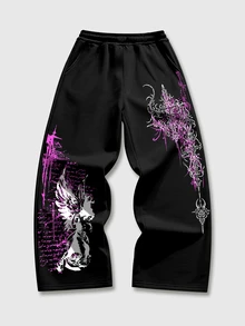 ROMWE MEN Street Life Teen Boy Cross Slogan Print Sweatpants - Black - View 1