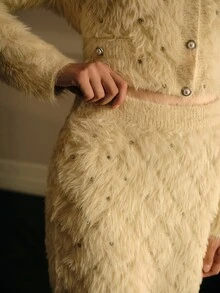 MOTF PREMIUM WOMEN'S AUTUMN/WINTER FAUX FUR KNIT SKIRT WITH BEADED RHINESTONE WAIST DECOR - Apricot - View 1