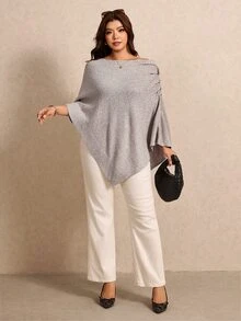 Elaquor Plus Size Women's Solid Color Cowl Neck Batwing Sleeve Loose Pullover Sweater - Khaki - View 3