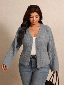 Elaquor Plus Size Women's Cable Knit Long Sleeve Single-Breasted Casual Cardigan - Dark Grey - View 6