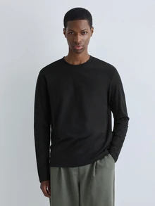 Merionis Men's Solid Color Crew Neck Long Sleeve Casual Versatile T-Shirt - Black - View 3