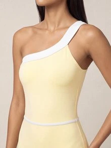 SHEIN BAE 女款拼色單肩無袖運動連身褲 - Butter Yellow - 查看 5