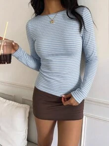 CovetEZ 95%棉全印花女款方領長袖T恤 - 藍色 - 查看 5