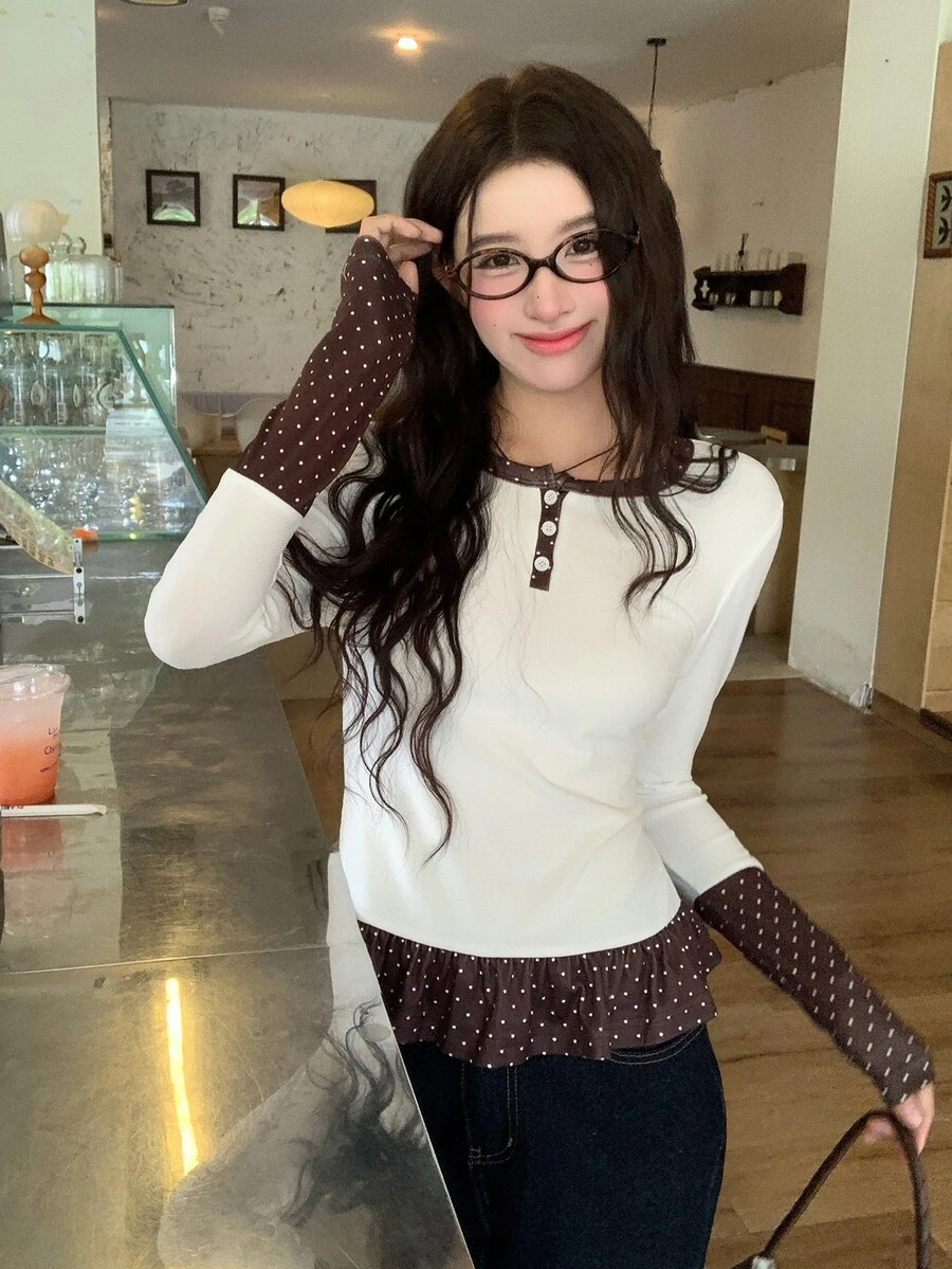 DAZY Women's Round Neck Colorblock Polka Dot Long Sleeve T-Shirt Fall - White - View 1