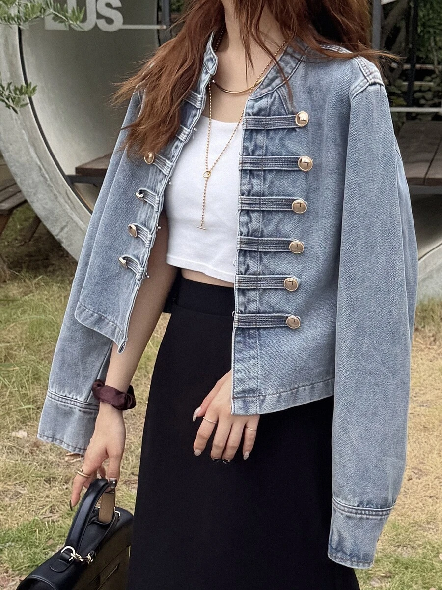 FRIFUL Women's Long Sleeve Zipper Front Casual Napoleon Denim Jacket - Blue - View 1