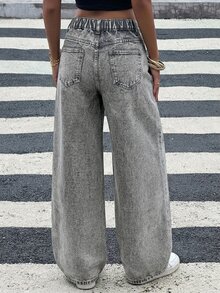 SHEIN Teen Girl Pocket Distressed Wide Leg Loose Casual Denim Jeans - Light Grey - View 4