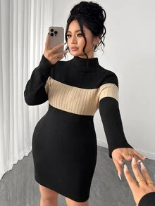 Elenzga Plus Size Women's Colorblock High Neck Ribbed Knit Bodycon Mini Dress, Slim Fit Waist, Long Sleeve, Bodycon, Slimming, Vintage Sexy Style, Autumn/Winter Inner Layer Knit Dress - Multicolor - View 1
