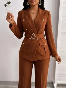 SHEIN Lady Women's Solid Color Lapel Neck Double-Breasted Jacket And Pants Suit Set - Brown - View 3
