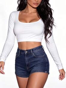 Eryvara Solid Color Backless Long Sleeve Fitted Cropped Top - White - View 4