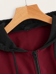 SHEIN EZwear 大尺碼女款拼色休閒賽車風連帽夾克，黑色，秋季日常穿搭 - 酒紅色 - 查看 3