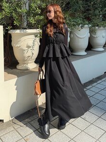 FRIFUL Women's Mesh Patchwork Pleated Casual Party Long Dress Vacation - Black - View 7