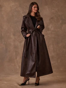 SHEIN BAE Women's Solid Color Lapel Neck Long Sleeve PU Leather Long Fashion Trench Coat - Brown - View 7