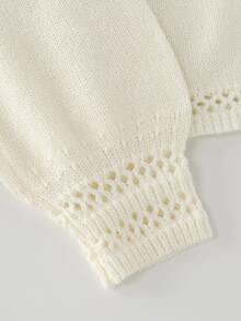 INAWLY French Lace Trim Semi-High Neck Hollow Knit Cardigan - Beige - View 4