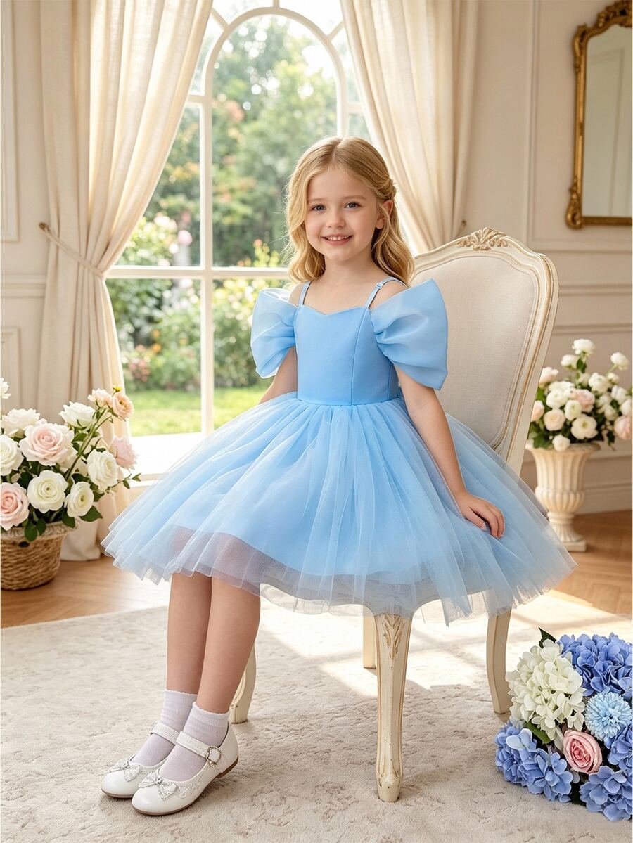 Glamorique Kids Young Girls Blue Satin & Tulle Formal Dress, Elegant ...