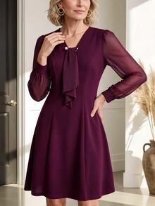Miaspire Women's Solid Color Contrast Mesh Long Sleeve Elegant Dress - Red Violet - View 1