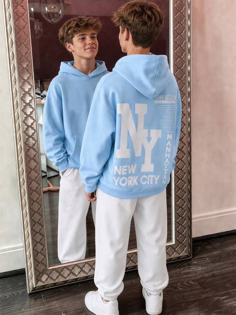 SHEIN Teen Boy Letter Print Drop Shoulder Long Sleeve Hoodie And Sweatpants Casual Set - Multicolor - View 1