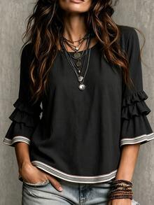 Glimmora Women's Summer Autumn New Contrast Color French Casual Loose Ruffle 3/4 Flare Sleeve Plus Size Blouse - Black - View 1