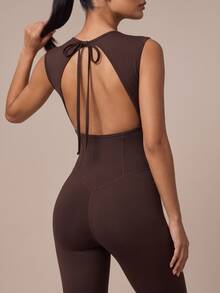 SHEIN BAE Women's Solid Color Backless Tie Design Sleeveless Sports Jumpsuit - Coffee Brown - View 1