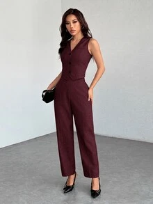 SHEIN PETITE 休閒無袖開襟背心與寬鬆長褲套裝，秋冬款 - 酒紅色 - 查看 2