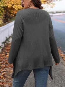 SHEIN LUNE 大尺碼冬季時尚不規則領設計長款針織開襟衫，適合外出與上班穿著 - 灰色 - 查看 3