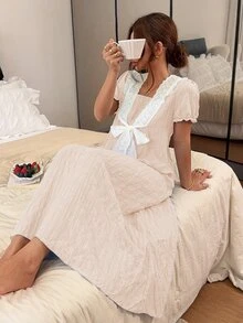 Napfluff 女款對比滾邊前綁帶領提花短袖寬鬆睡裙 - 淺粉色 - 查看 6