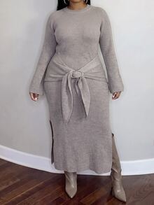 Slaydiva Plus Size Autumn/Winter Fashion Knotted Side Slit Knit Dress - Coffee Brown - View 10