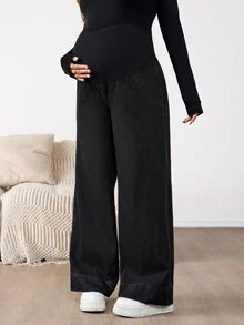 SHEIN Maternity Asymmetric Waist Wide Leg Loose Casual Denim Jeans Fall Clothes - Black - View 3