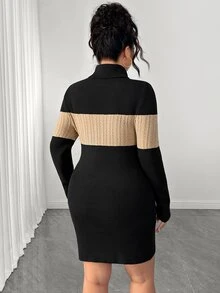 Elenzga Plus Size Women's Colorblock High Neck Ribbed Knit Bodycon Mini Dress, Slim Fit Waist, Long Sleeve, Bodycon, Slimming, Vintage Sexy Style, Autumn/Winter Inner Layer Knit Dress - Multicolor - View 2