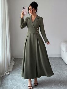 SHEIN Women's Olive Green Blazer Lapel Contrast Collar Ruched Waist With Star Metal Button Decor Cinched Waist Large A-Line Back Seam Long Sleeve Long Dress - Army Green - View 4