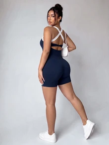 SHEIN Velisys Women's Plus-Size Summer Stretchy Color-Block Crew Neck Criss-Cross Back Sports Bodysuit - Blue - View 2