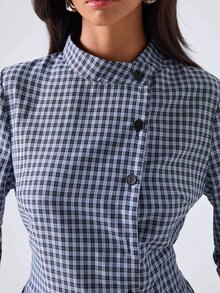 LYSMO Women's Plaid Long Sleeve Single-Breasted Casual French Elegant Stand Collar Shirt Office Brunch White And Navy Fall - Blue - View 6