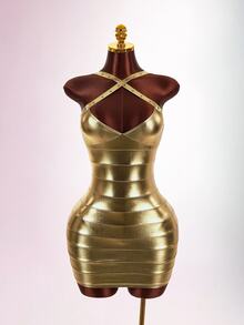 Amplova Women's Metallic Fabric Sexy Mini Dress - Gold - View 1