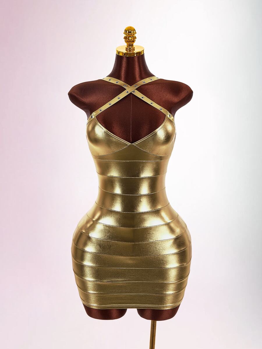 Amplova Women's Metallic Fabric Sexy Mini Dress - Gold - View 1