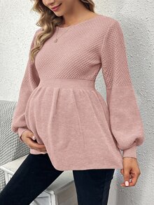 SHEIN Sweater Hamil Warna Polos Leher Bulat Lengan Panjang dengan Hiasan Ruffle di Bagian Bawah - Berwarna merah muda - View 3