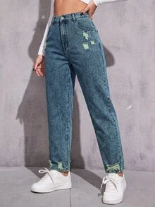 SHEIN ICON Plus Size Women's Casual Vacation Street Style Distressed Non-Stretch Light Gray Jeans - Dusty Blue - View 1