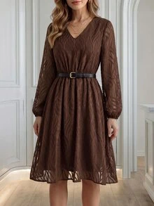 Medorina Women's Textured V-Neck Long Sleeve Elegant Dress - Brown - View 1