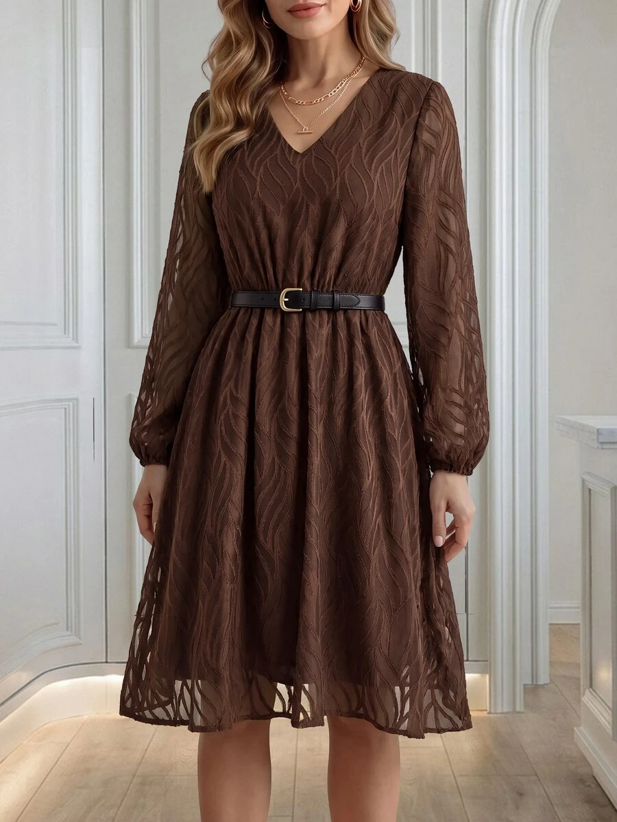 Medorina Women's Textured V-Neck Long Sleeve Elegant Dress - Brown - View 1