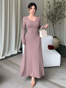 DAZY Women's Solid Color V-Neck Long Sleeve Elegant Dress Fall - Pink - View 6