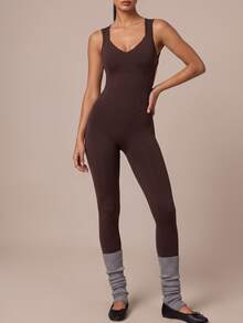 SHEIN BAE Women's Solid Color Backless Tie Design Sleeveless Sports Jumpsuit - Coffee Brown - View 5
