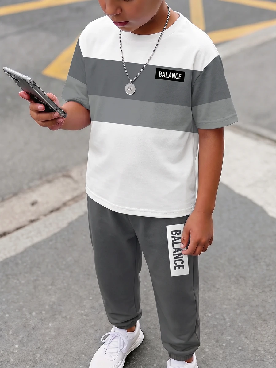 青少年男孩休閒舒適時尚極簡圓領短袖T恤與長褲套裝 - 彩色 - 查看 1