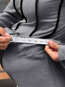 MaterniWear Maternity Square Neck Long Sleeve Shirt And Adjustable Waist Long Pants Casual 2 Pieces Set - Grey - View 9